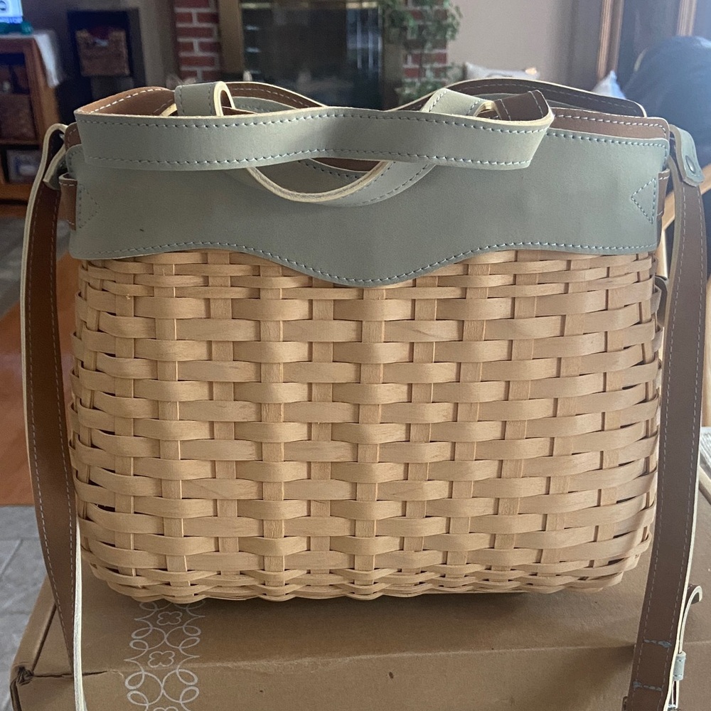 Longaberger Woven Basket Tote with Light Green Trim and Brown Straps